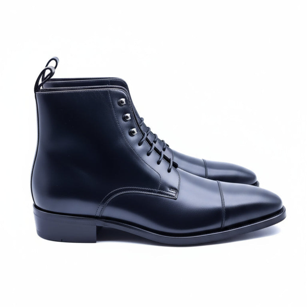 A pair of black leather lace-up boots with a straight toe cap and dark red Goodyear leather sole.